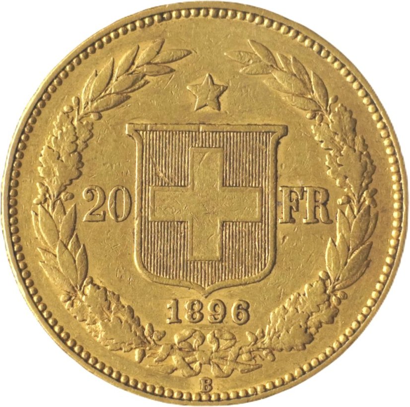 Zlatá mince Švýcarska - 20 Frank 1896 B