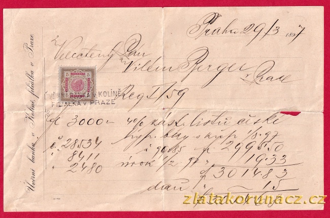 Rakousko - úvěr - Úvěrní banka v Kolíně - 1897