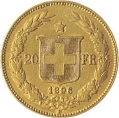 Zlatá mince Švýcarska - 20 Frank 1896 B