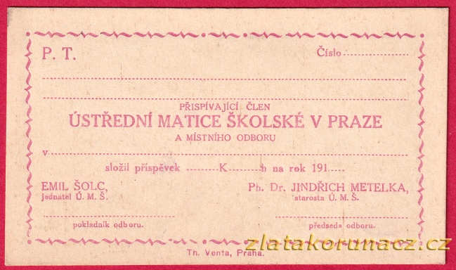 ČSR - potvrzení o příspěvku - Ústřední matice školská v Praze