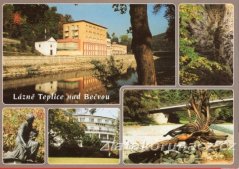 Teplice nad Bečvou - hlavní budova s promenádou, socha, park, skály