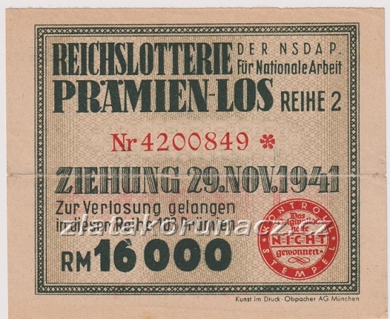 Los - reichslotterie der NSDAP - 16 000 RM 1941