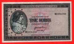 1000 Kčs b. l. 1945 BC - perf. uprostřed