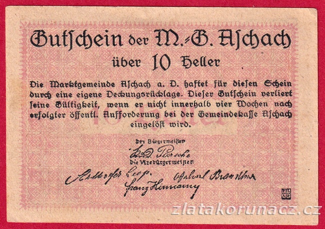 Aschach - 10 haléřů - 1920 - modrá
