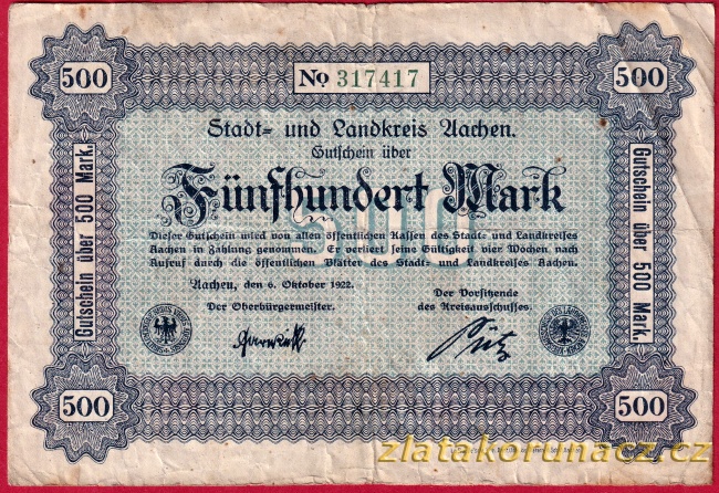 Aachen - 500 marek - 1922 - modrá