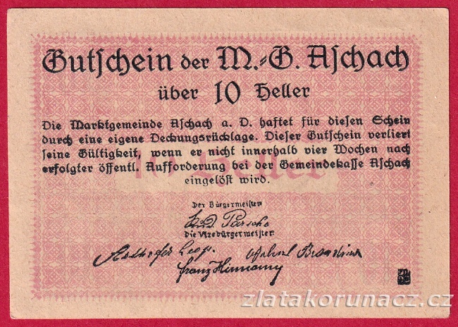 Aschach - 10 haléřů - 1920 - červená