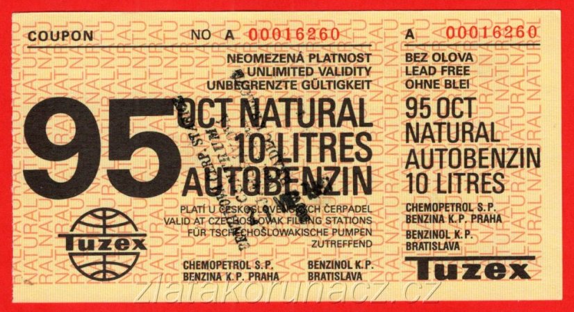 10 litrů autobenzínu - tuzexová poukázka serie: A Hradec Králové