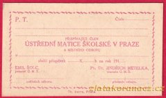 ČSR - potvrzení o příspěvku - Ústřední matice školská v Praze