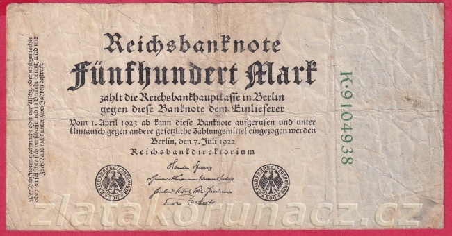 Německo - 500 mark 7.7.1922 - série k - zel. 7 m.č.