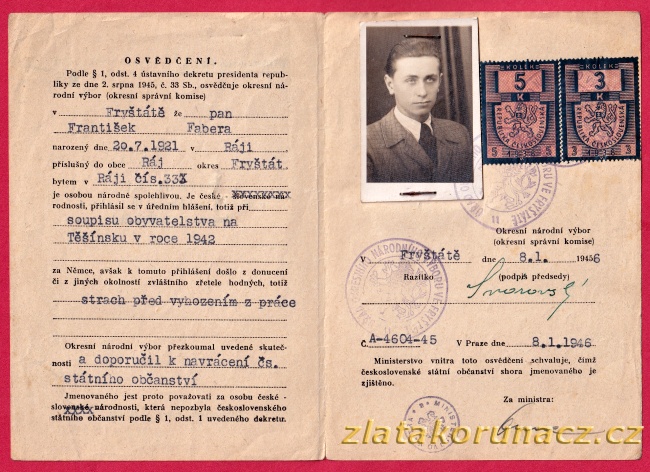 ČSR - osvědčení o národní spolehlivosti - Fryštát - 1946