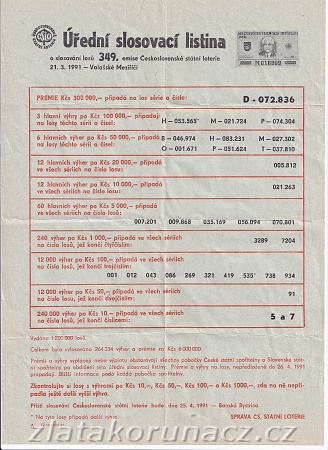 Los - Úřední slosovací listina ČSL 349. - r.1991
