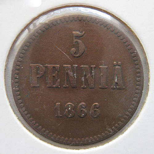 Finsko - 5 penniä 1866