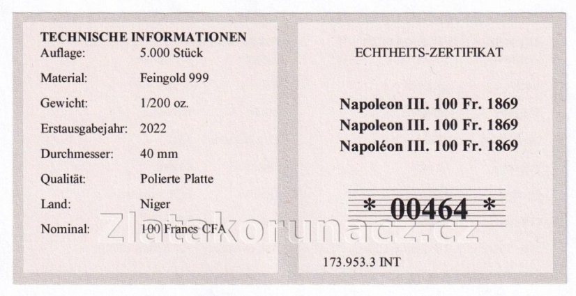 Zlatá mince Niger - 100 Francs 2022 - 100 Francs Napoleon III. 1869