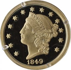 Zlatá medaile s námětem americké 20 dolarové mince 1849