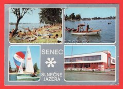 Senec - nákupní středisko, plachetnice, kajak na vodě