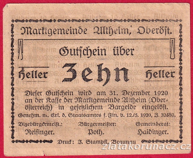 Altheim - 10 haléřů - 1920