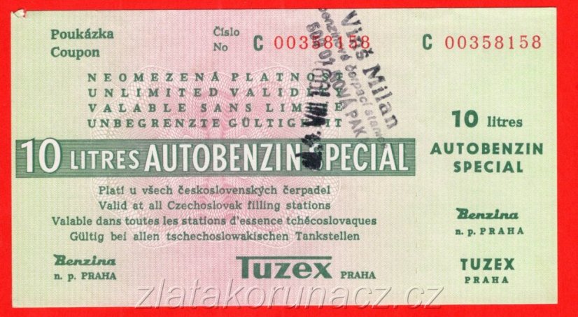 10 litrů autobenzínu - tuzexová poukázka serie: C Vinš Milan Nová Paka