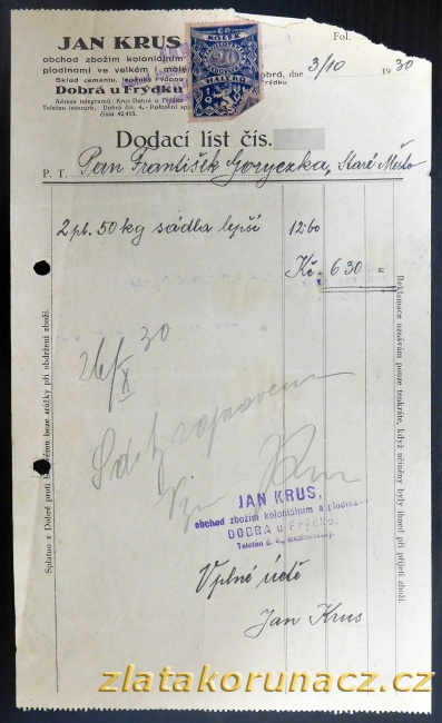 ČSR - faktura - dodací list - Jan Krus - 1930 ČSR - faktura - dodací list - Jan Krus - 1930