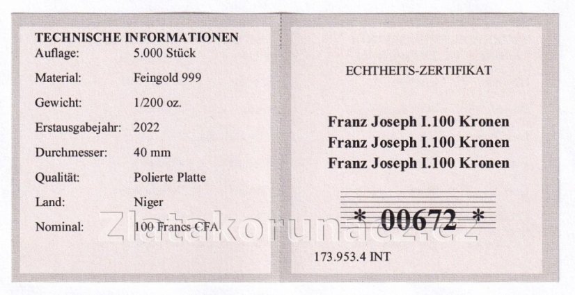 Zlatá mince Niger - 100 Francs 2022 - 100 Kronen Franz Joseph I. 1908