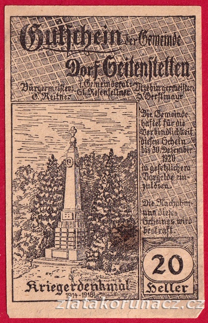 Dorf Seitenstetten - 20 haléřů - 1920