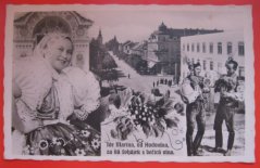 Hodonín - Lidé v krojích, sklípek, domy