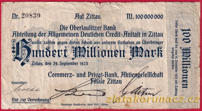 Zittau - 100 miliónů marek - 1923