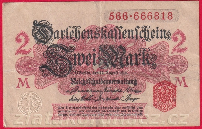 Německo - 2 mark 12.8.1914 - červená pečeť č.566