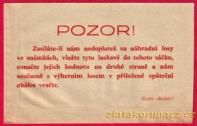 ČSR - sáček na známky za nedoplatek I
