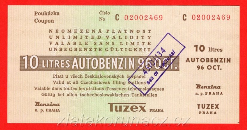 10 litrů autobenzínu - tuzexová poukázka serie: C Vrchlabi