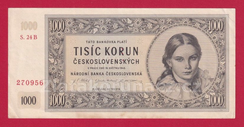 1000 Kčs 1945 24 B perf. uprostřed