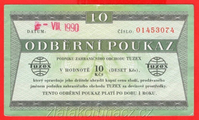10 Tkčs - Tuzexová poukázka 1990/srpen