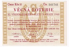 Los - 10 kčs - věcná loterie - XI. Všesokolského sletu v Praze r.1948