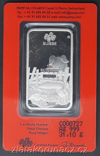 31,1g (1Oz) Stříbrný investiční slitek PAMP - The lunar calendar series pig 2019