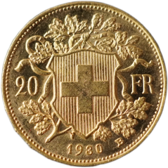 Zlatá mince Švýcarska - 20 Frank 1930 B